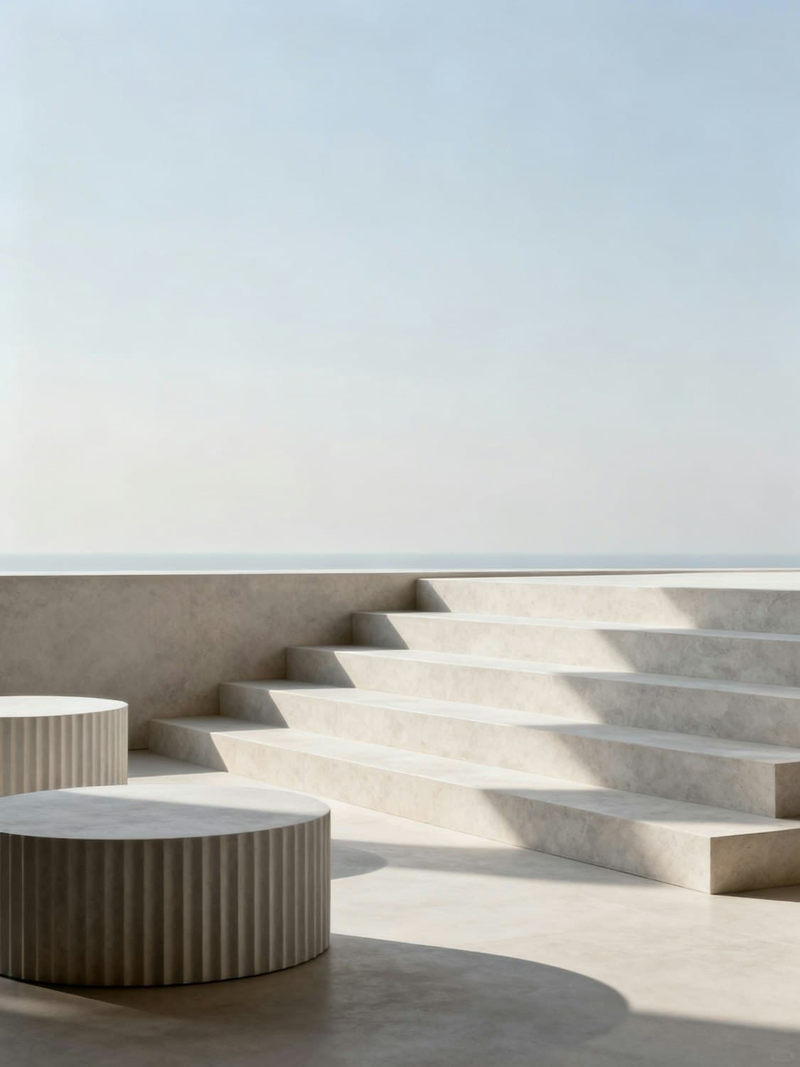Concrete steps and curved seating in a minimalist outdoor space